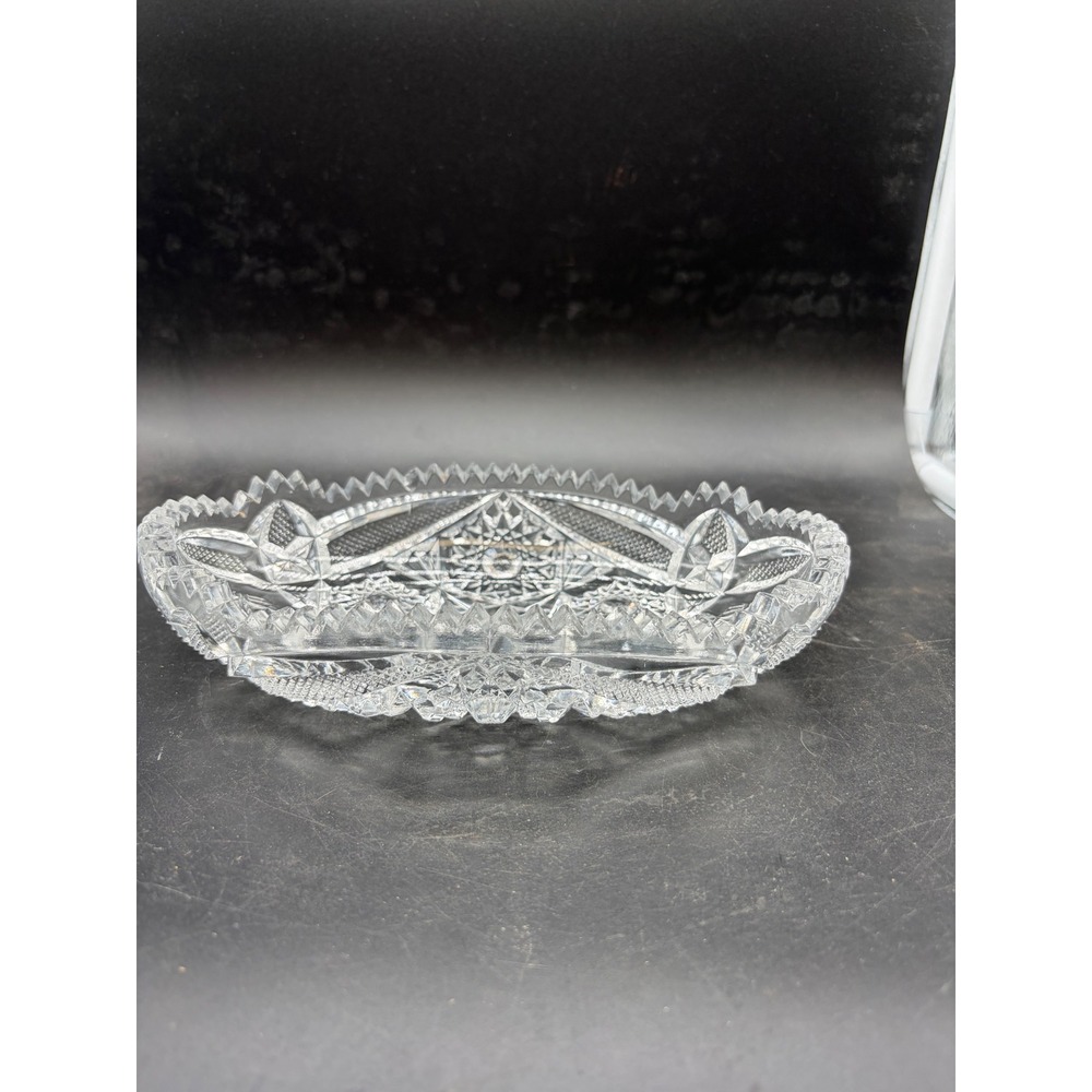Vintage Cut Glass Oval Bowl Sawtooth Rim Hobstar Pattern Crystal Relish Dish 8in